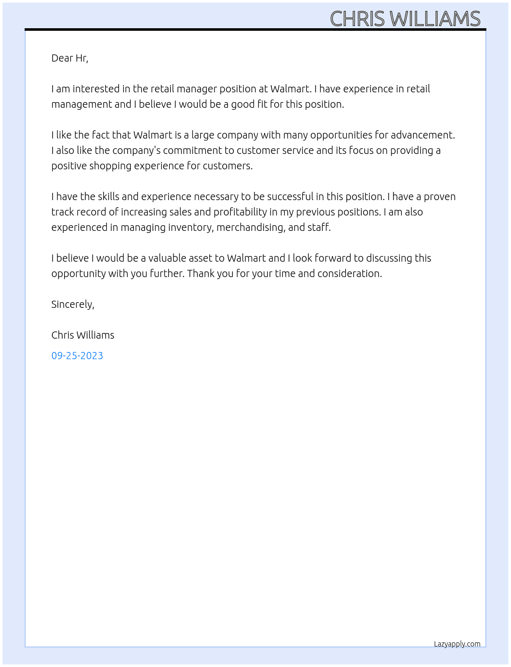 Retail manager  At Walmart  Cover Letter