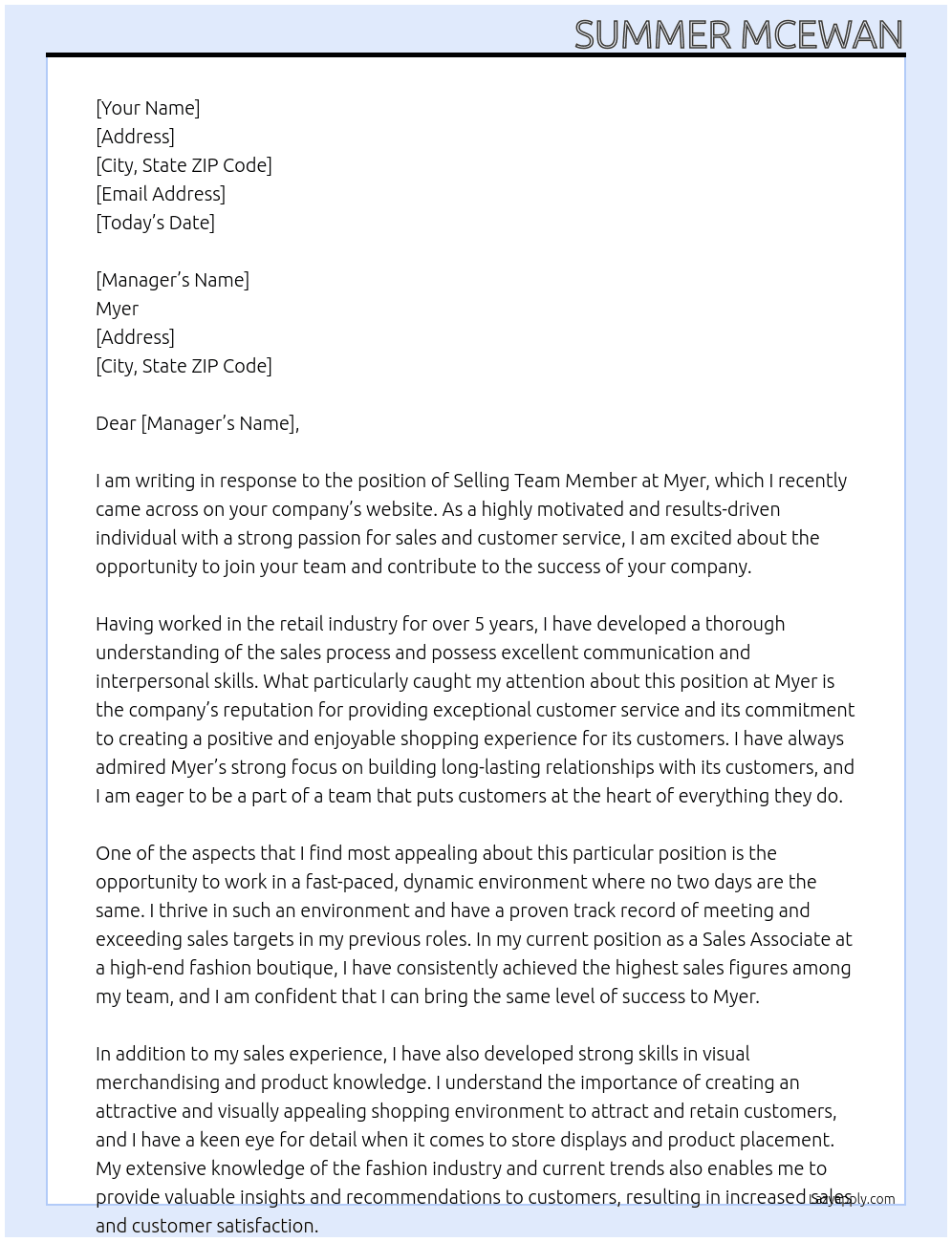 selling team member At  Myer Cover Letter