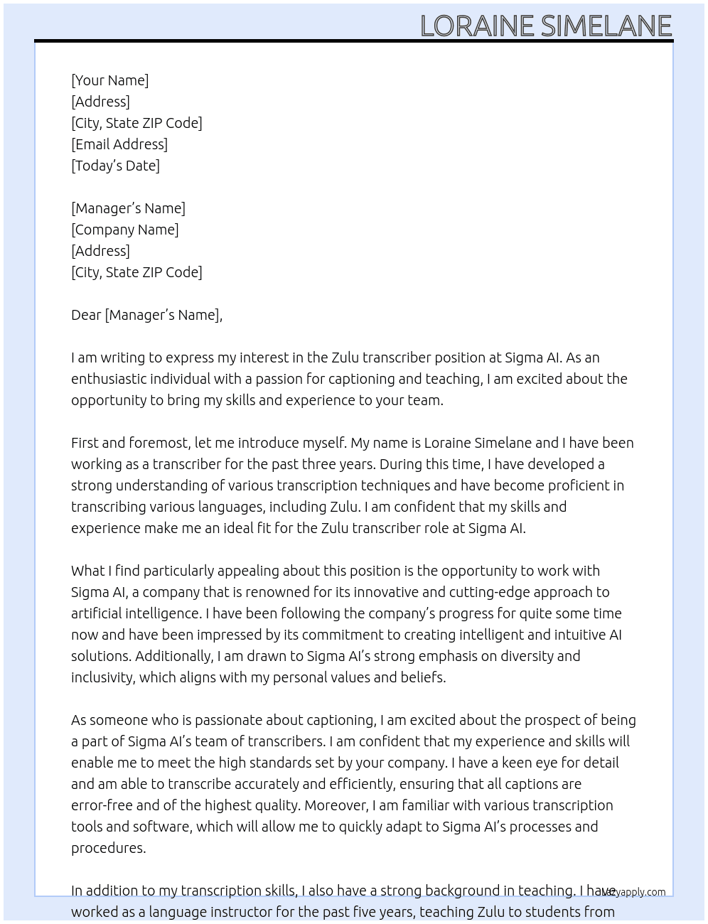 Zulu transcriber At Sigma AI Cover Letter
