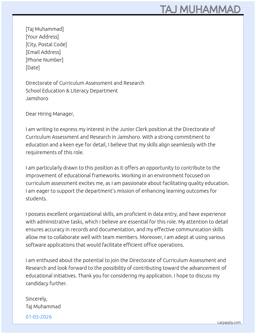 Cover letter for junior clerk - LazyApply