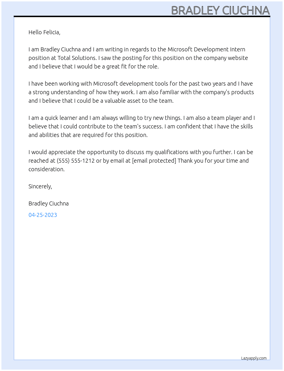 Microsoft Development Intern At Total Solutions Cover Letter