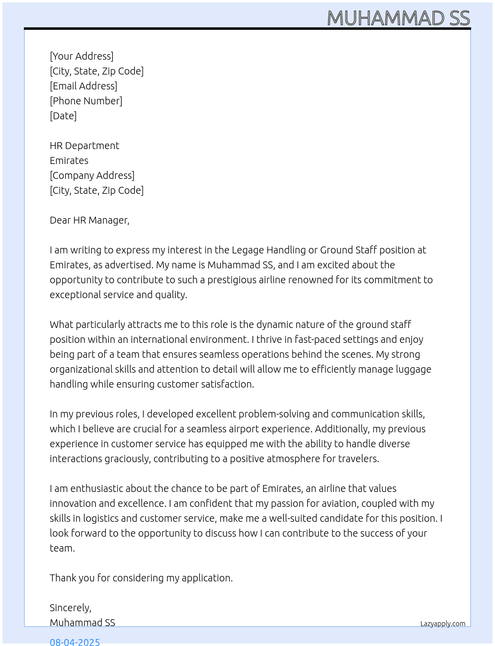 Legage handling or ground staff At Emrates  Cover Letter