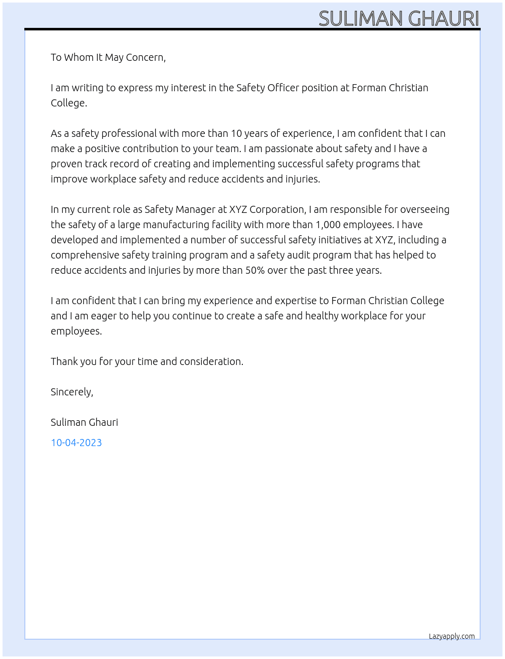 SAFETY OFFICER  At Forman Christian College  Cover Letter
