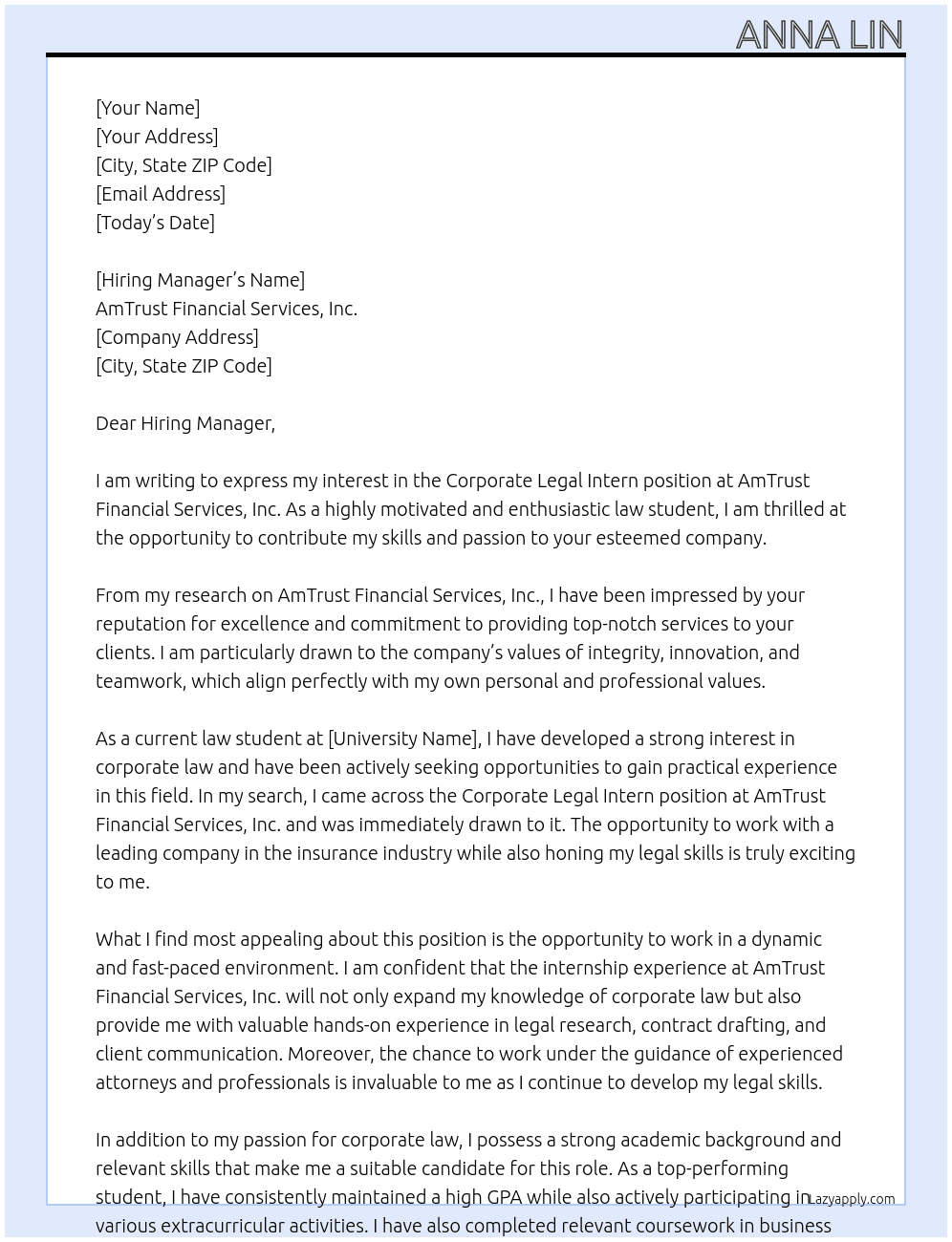 Corporate Legal Intern At AmTrust Financial Services, Inc. Cover Letter