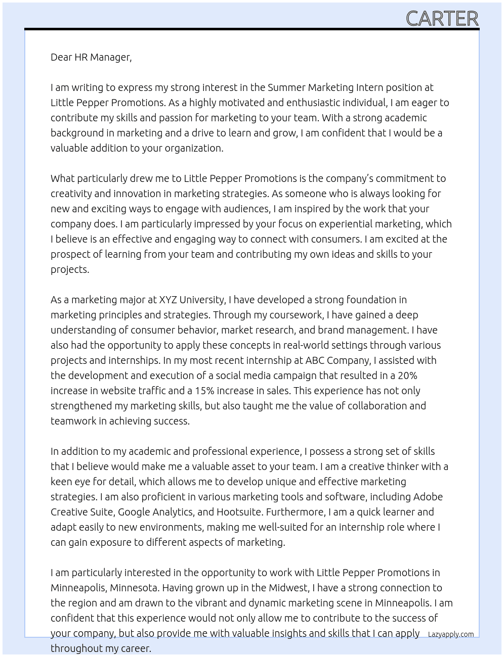 Summer marketing intern At Little Pepper Promotions Cover Letter