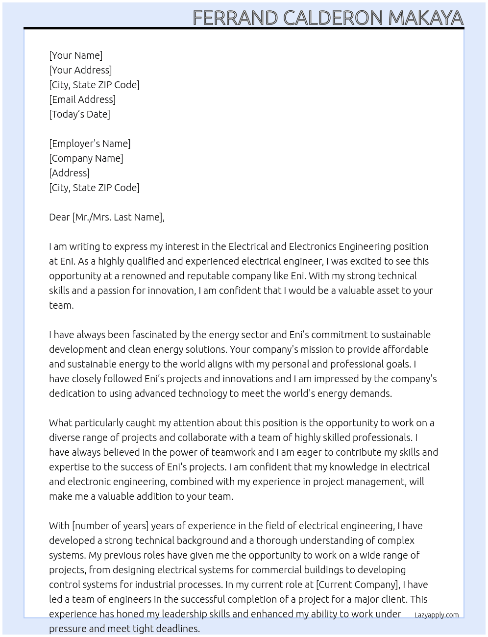 Cover letter for electrical and electronics engineering - LazyApply