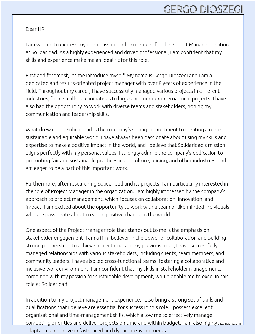 Project Manager At Solidaridad Cover Letter