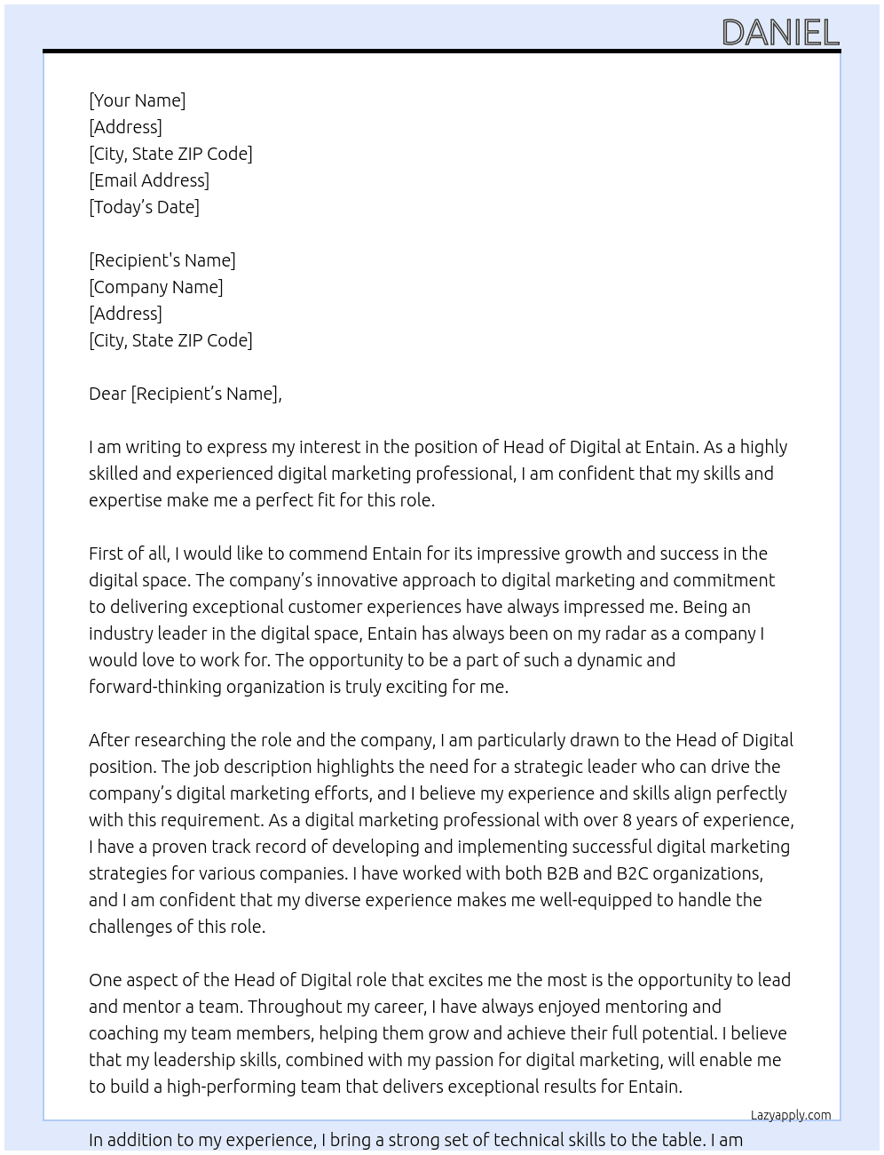 Head of Digital At Entain Cover Letter