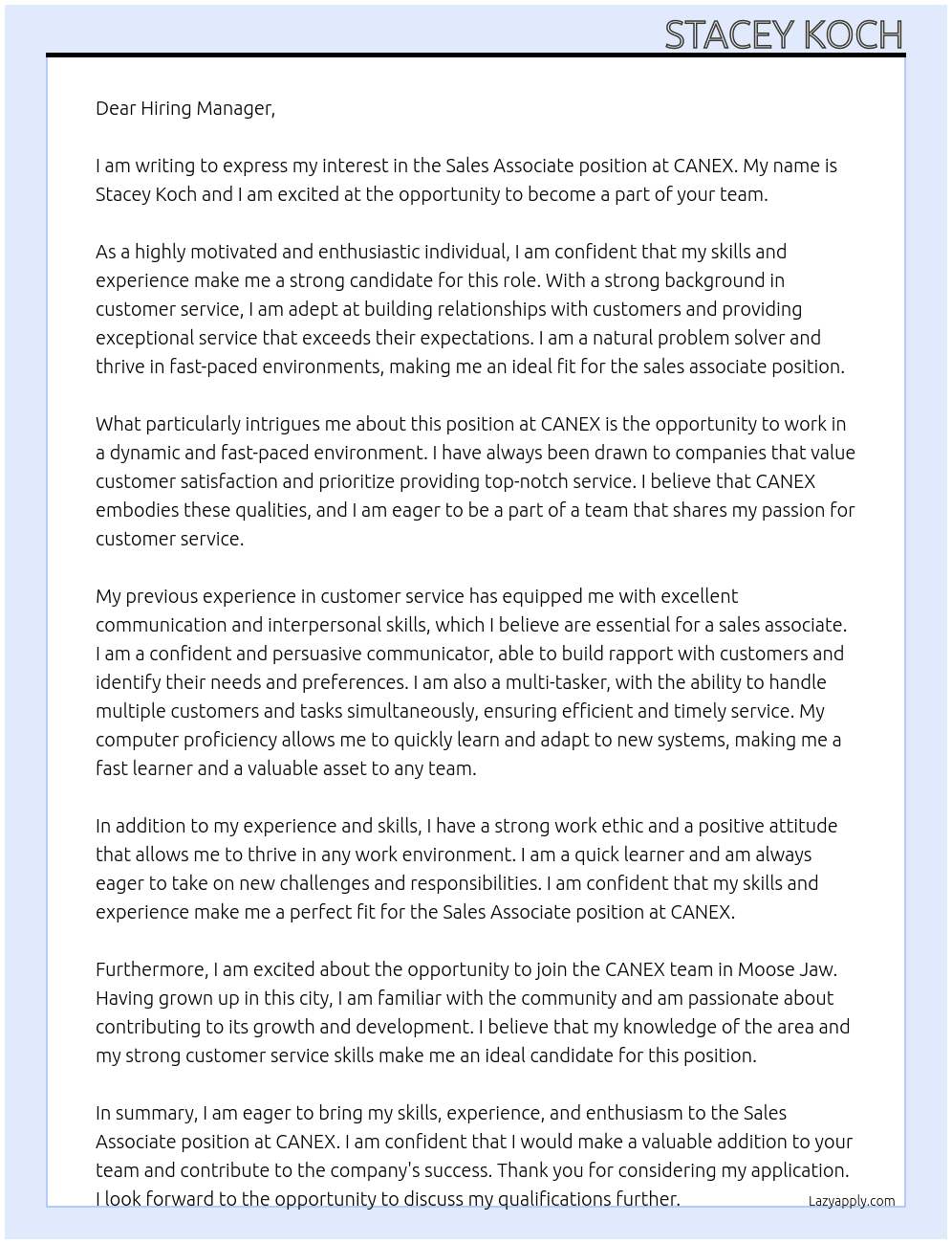 Sales Associate At CANEX Cover Letter