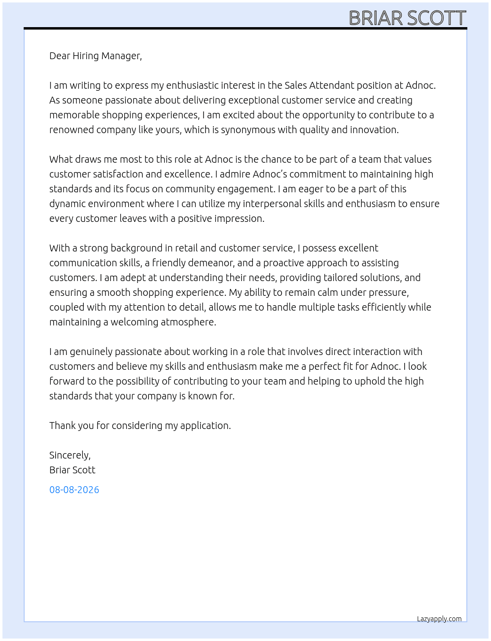Cover letter for sales attendent - LazyApply