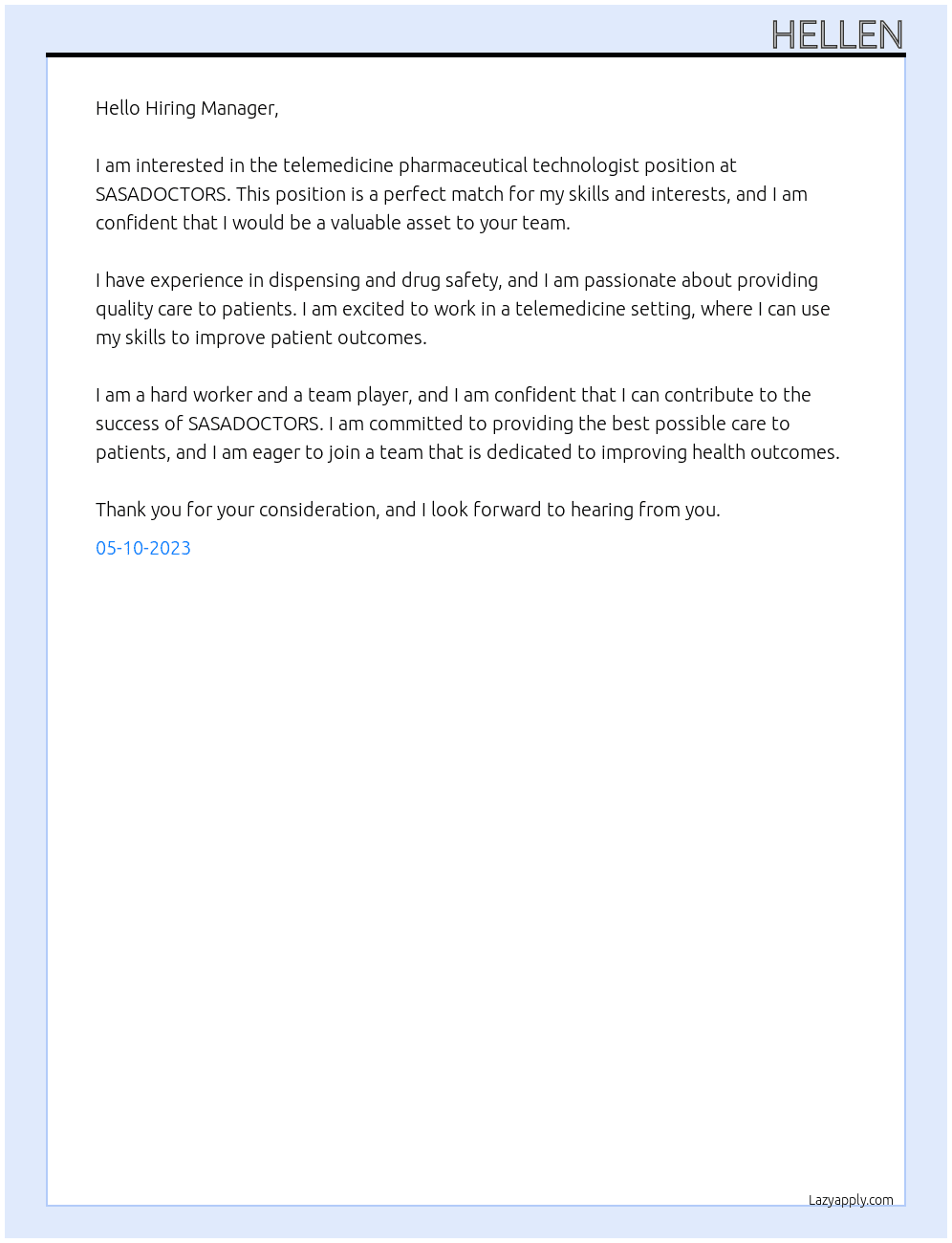 telemedicine pharmaceutical technologist At SASADOCTORS Cover Letter