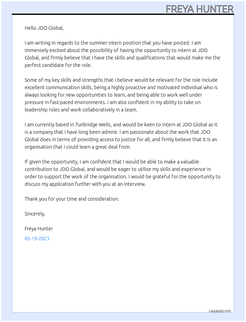 summer intern At JDO global Cover Letter