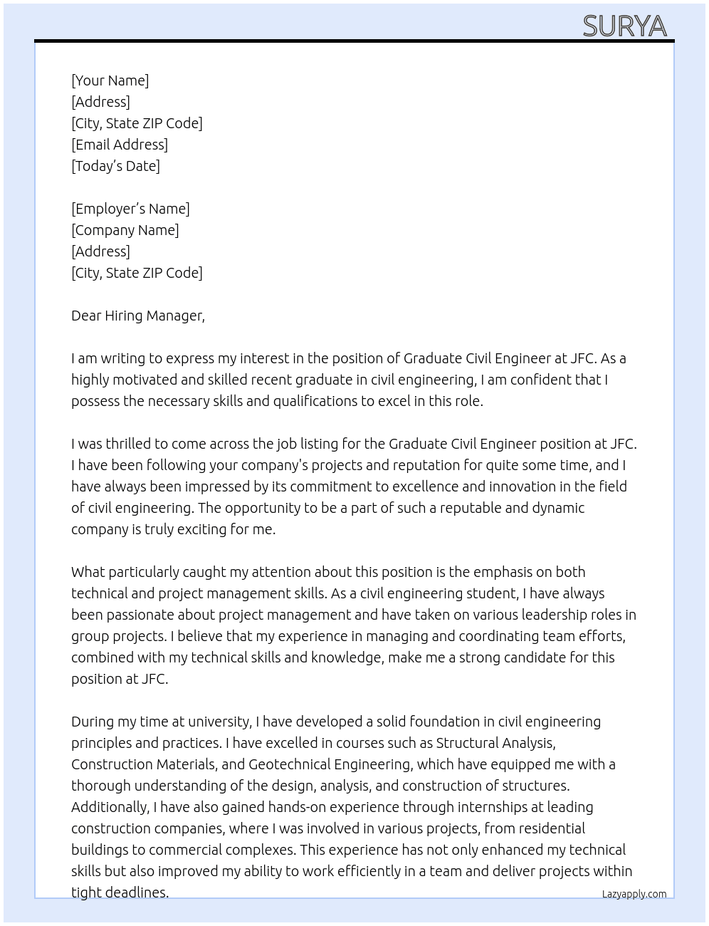 graduate civil engineer  At JFC  Cover Letter
