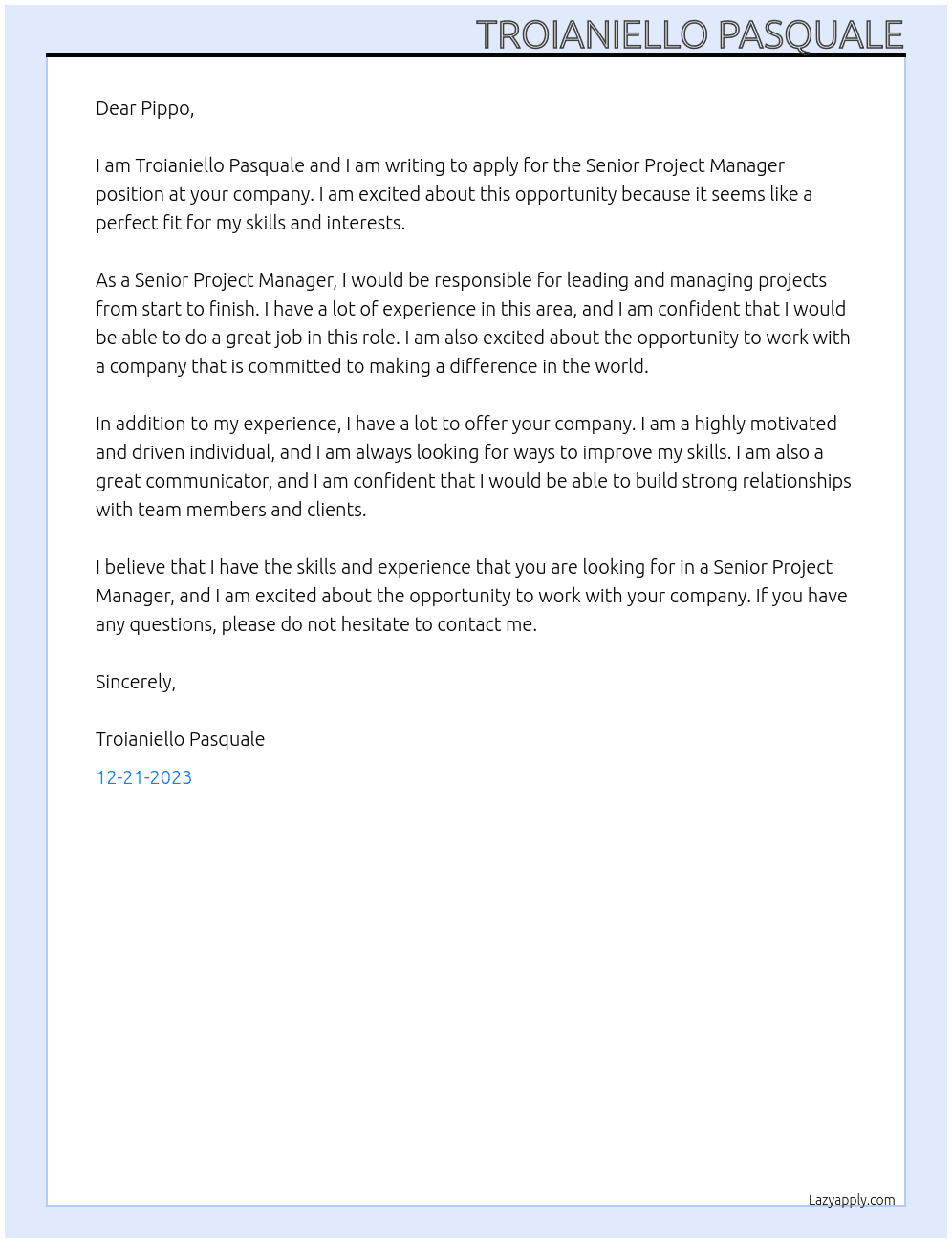 Senior Project Manager At Pippo Cover Letter
