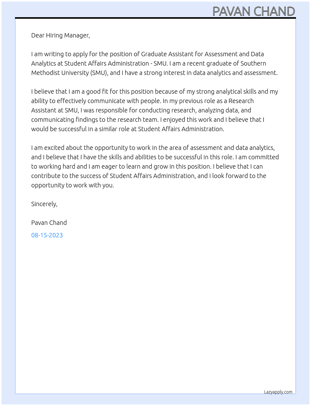 Graduate Assistant for Assessment and Data Analytics At Student Affairs Administration - SMU Cover Letter