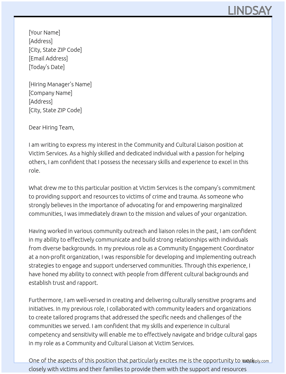 Community and Cultural Liaison At Victim Services Cover Letter