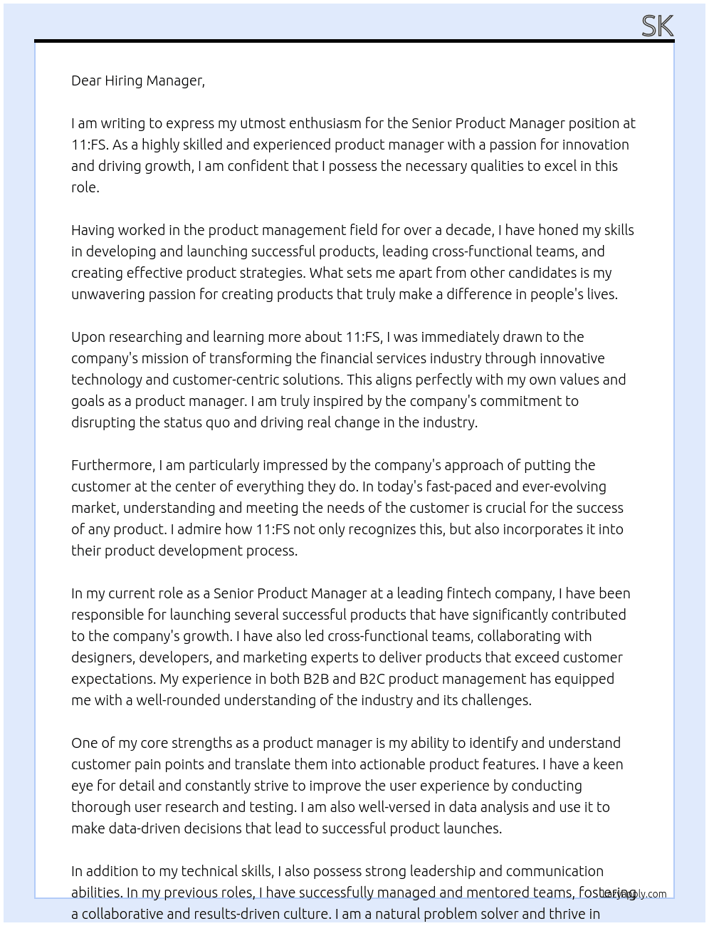 Senior Product Manager At 11:FS Cover Letter