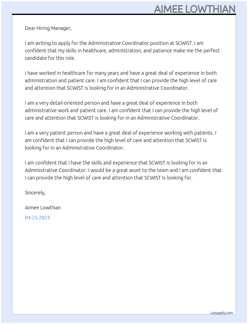 Administrative Coordinator At SCWIST Cover Letter
