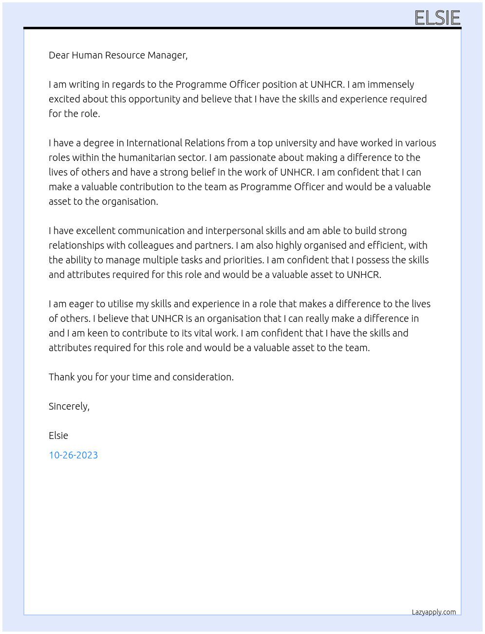 programme officer At unhcr Cover Letter