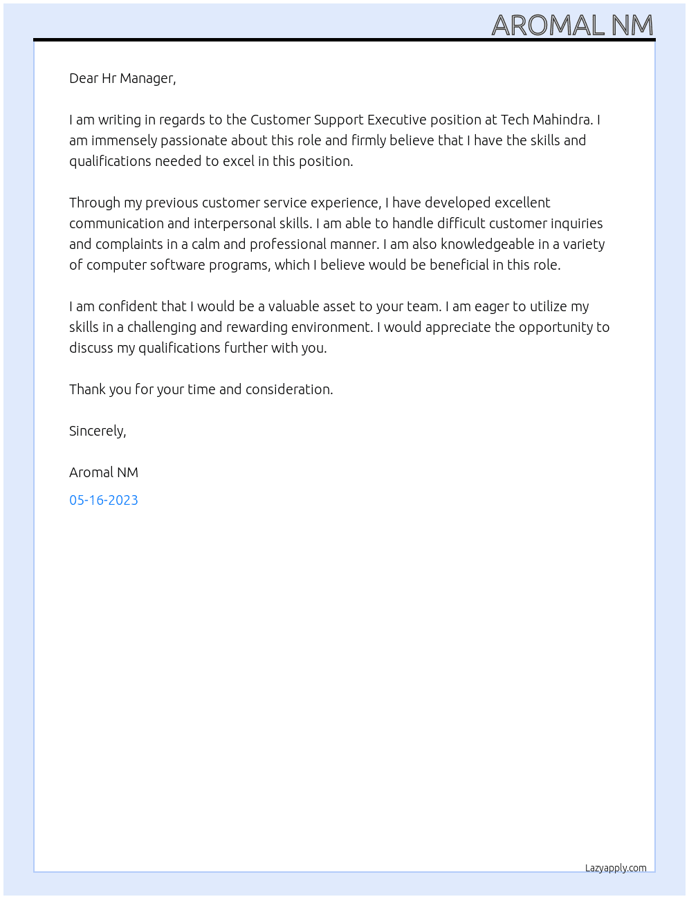  Customer Support Executive At Tech Mahindra Cover Letter