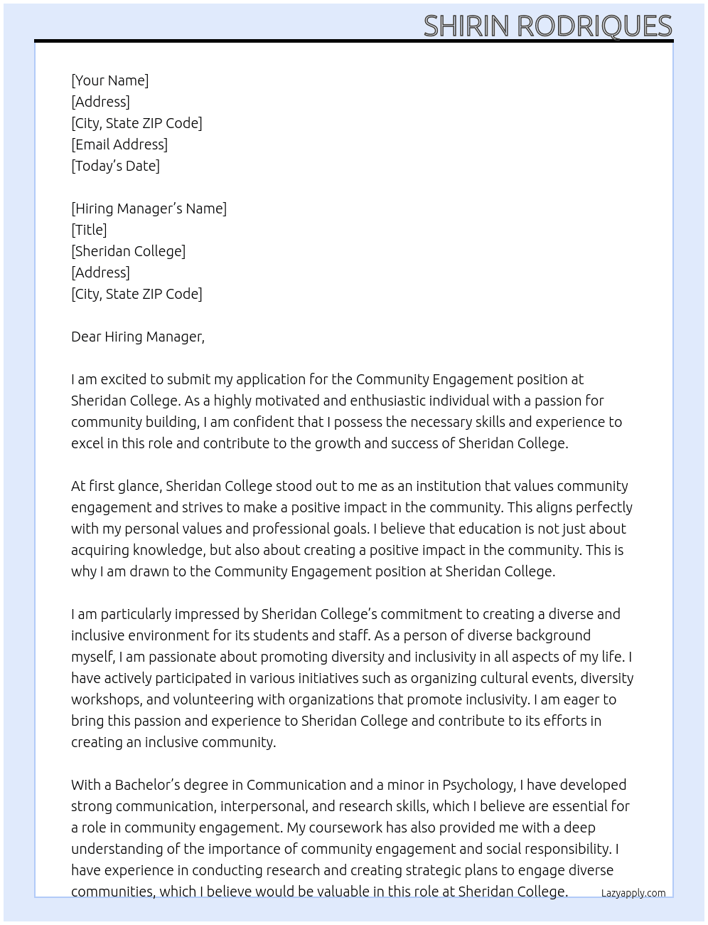 Community Engagement  At Sheridan College Cover Letter