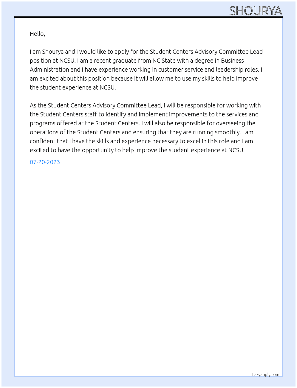 Student Centers Advisory Committee Lead At NCSU Cover Letter