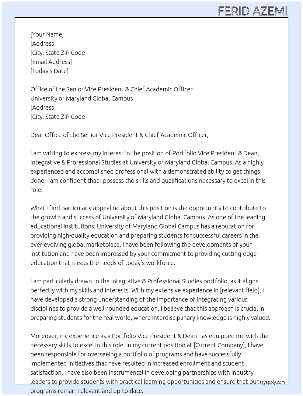 Portfolio Vice President & Dean, Integrative & Professional Studies At University of Maryland Global Campus Cover Letter