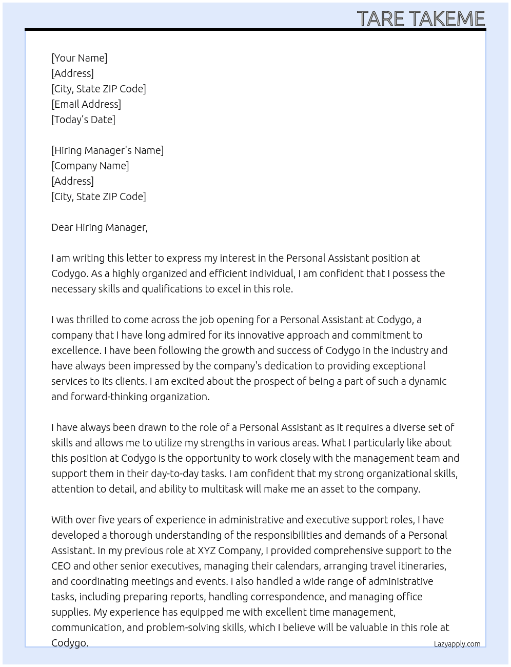 Personal Assistant  At Codygo Cover Letter