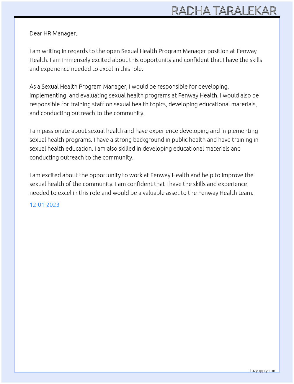 Sexual Health Program Manager At Fenway Health  Cover Letter