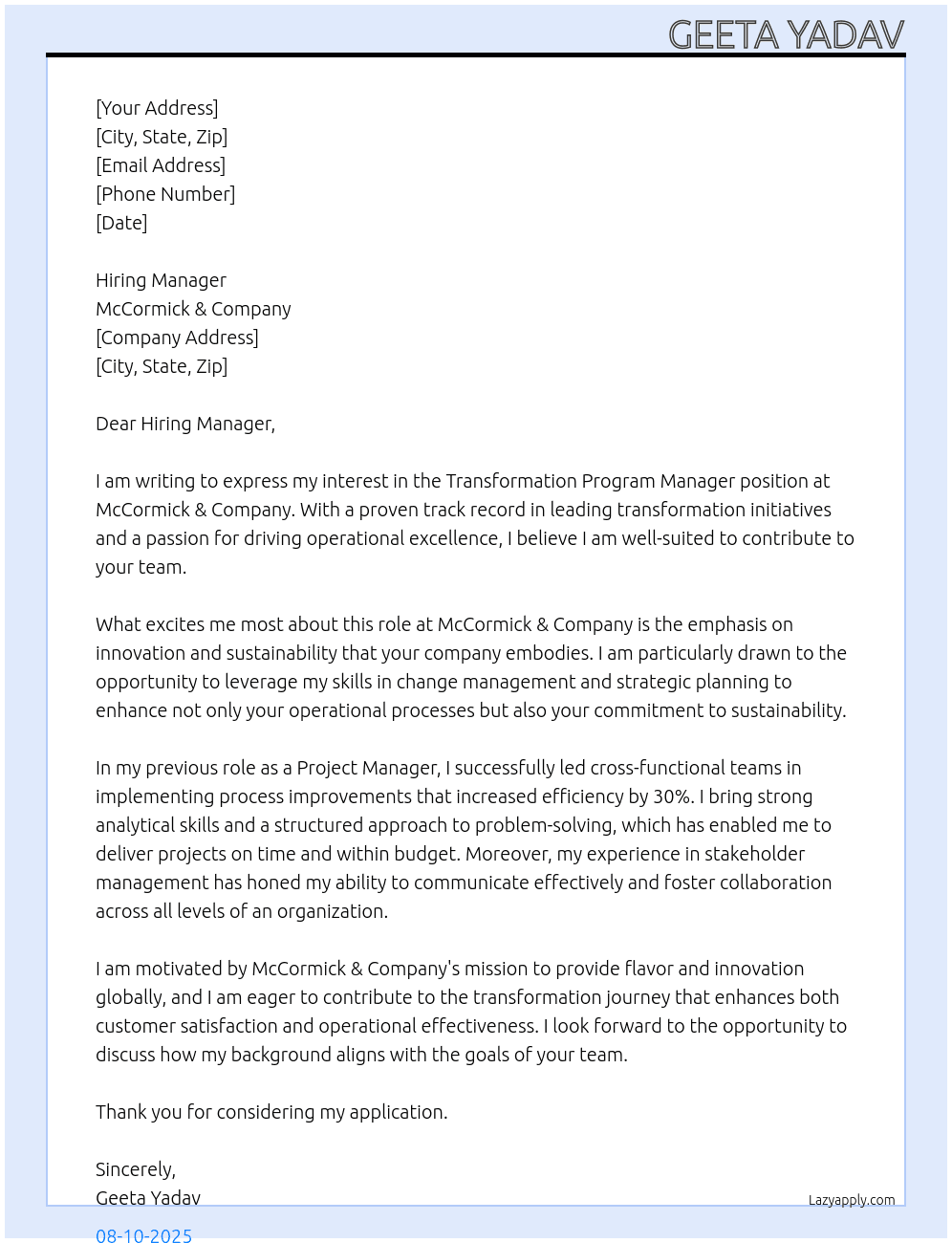 Cover letter for transformation program manager - LazyApply