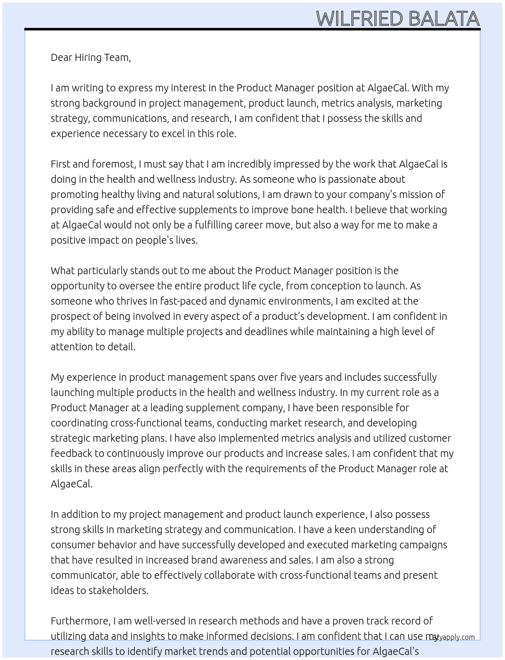 Product Manager At AlgaeCal Cover Letter