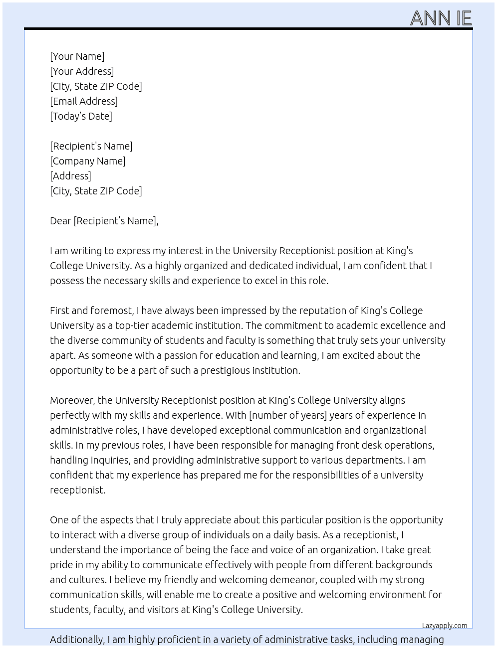 university receptionist At king's college university Cover Letter