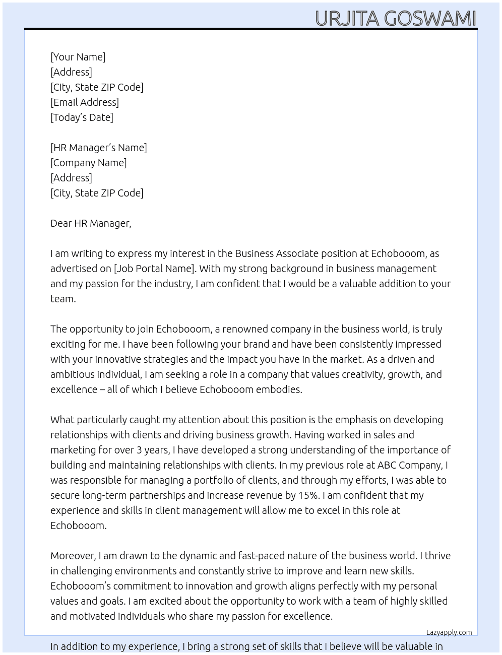 Business Associate At Echobooom Cover Letter
