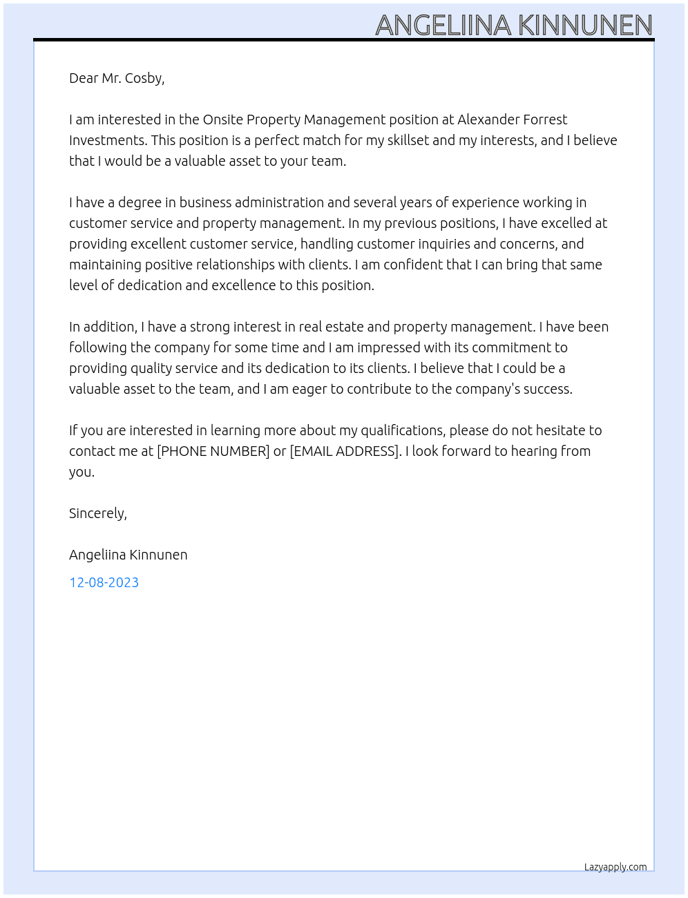 Onsite Property Management At Alexander Forrest Investments Cover Letter