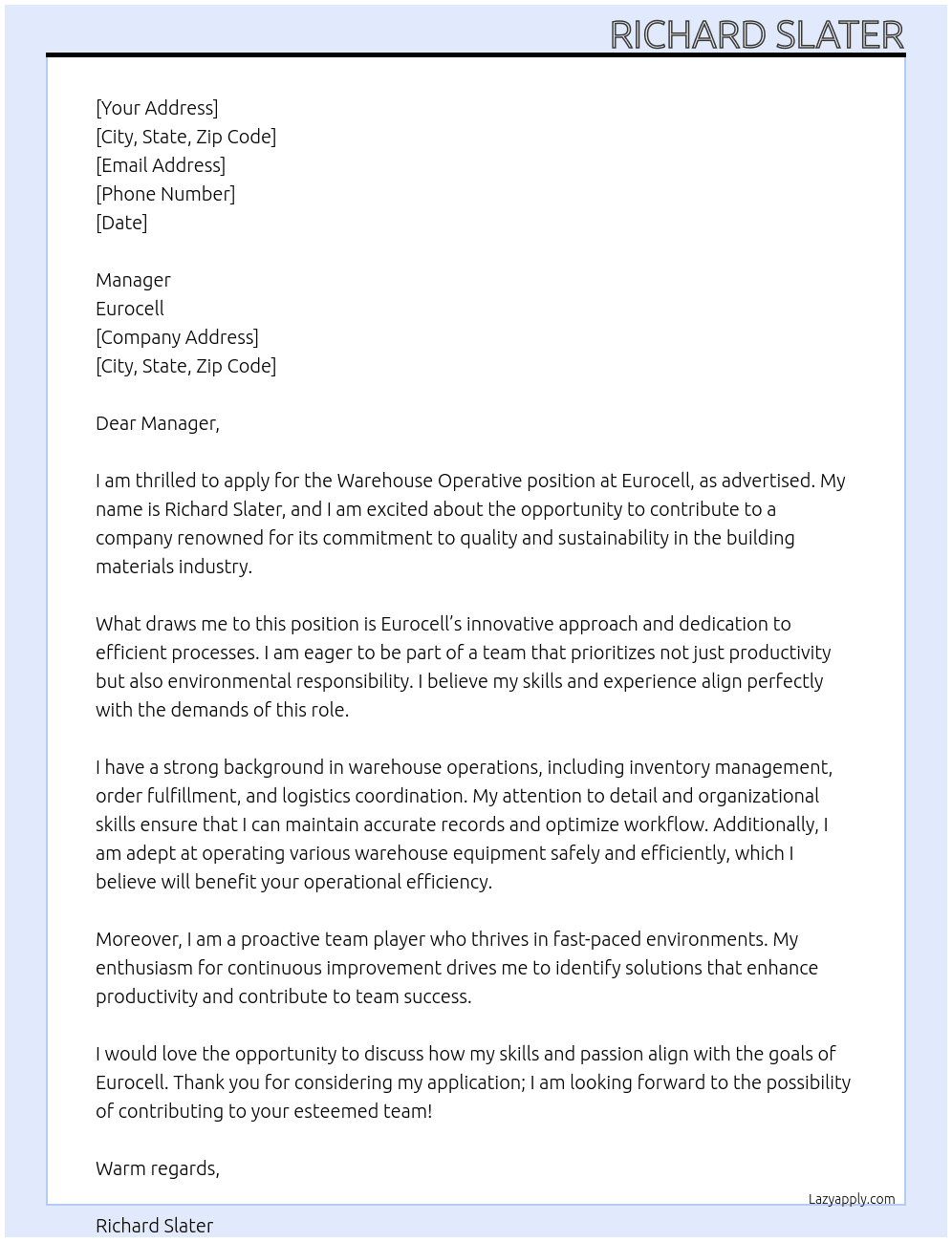 Warehouse operative At Eurocell Cover Letter