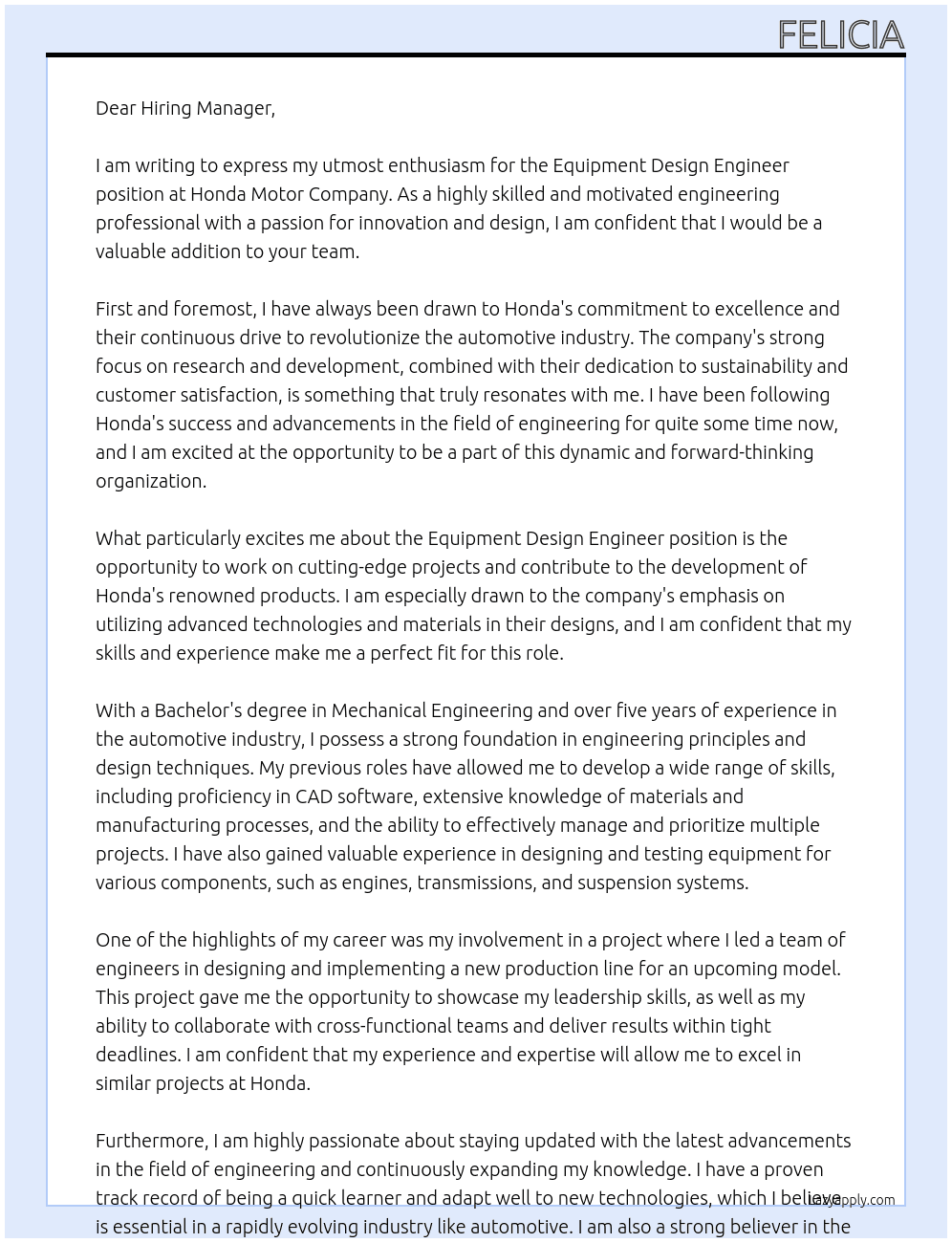Equipment Design Engineer At Honda Motor Company Cover Letter