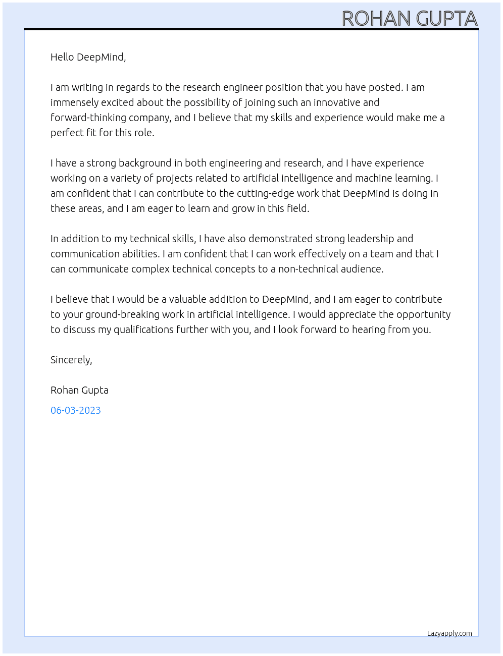Research engineer At deepmind Cover Letter