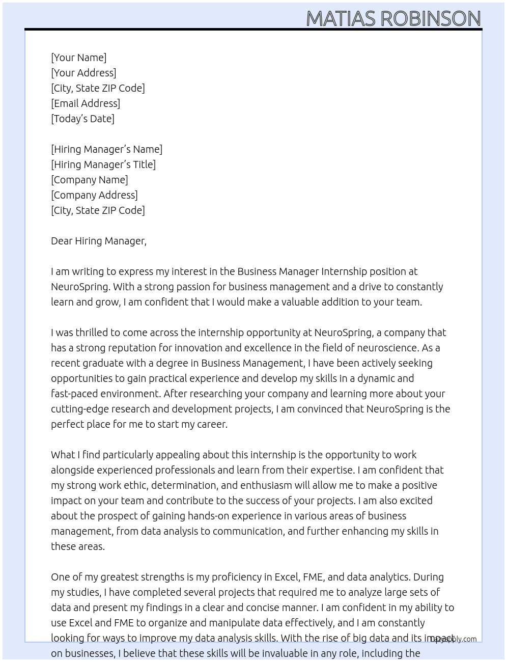 Business Manager Internship At NeuroSpring Cover Letter