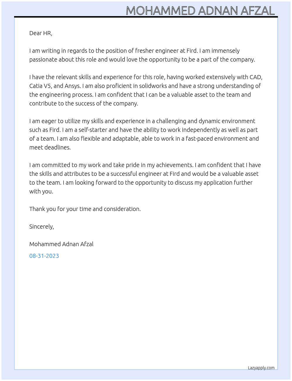 Fresher Engineer  At Fird Cover Letter