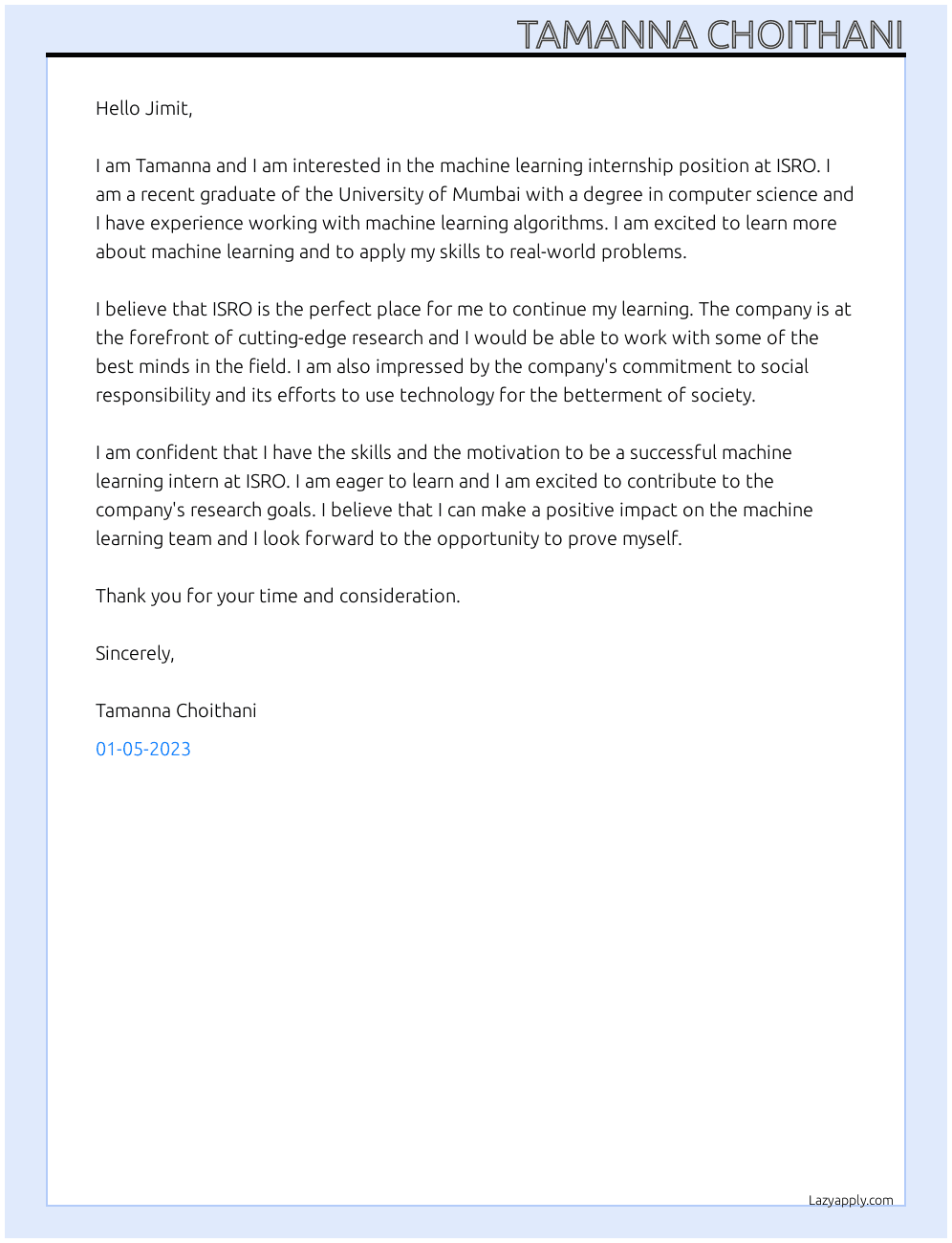 Machine learning intern At ISRO  Cover Letter