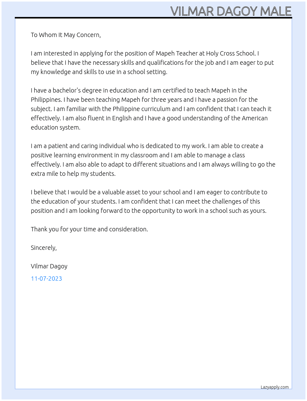 teacher At Holy cross school Cover Letter