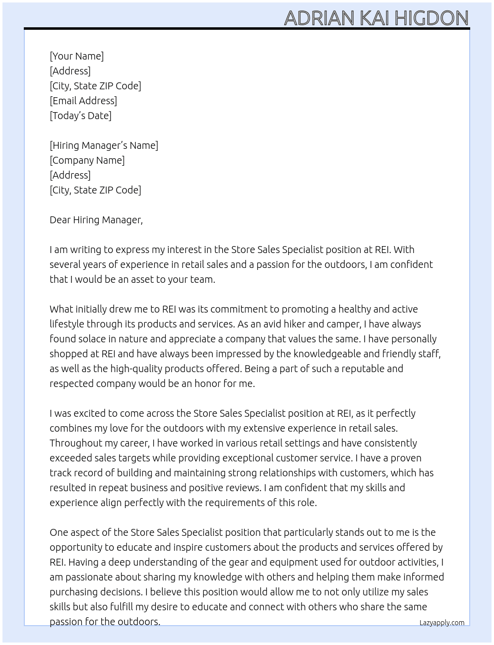 Store Sales Specialist At REI Cover Letter