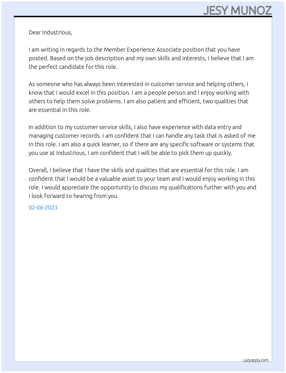 Member Experience Associate At Industrious Cover Letter