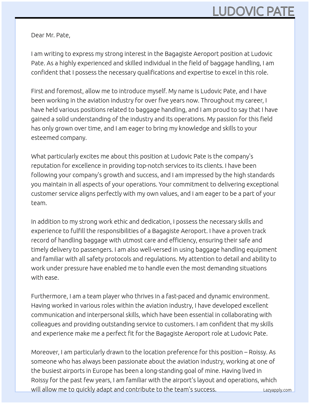 Bagagiste aeroport At ludovic pate Cover Letter