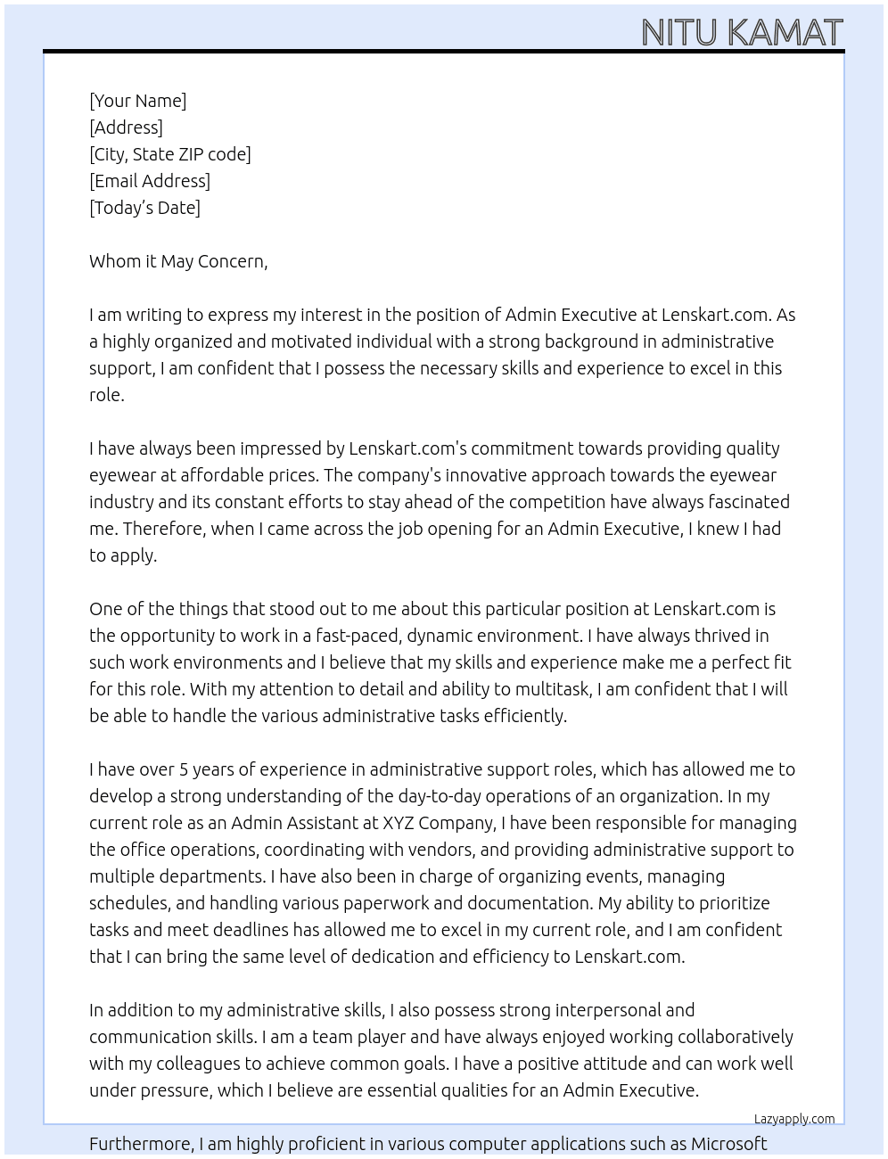 Admin Executive  At Lenskart. Com Cover Letter