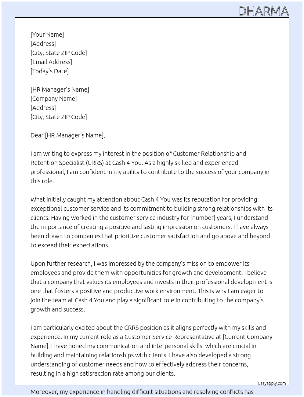 crrs At cash 4 you Cover Letter