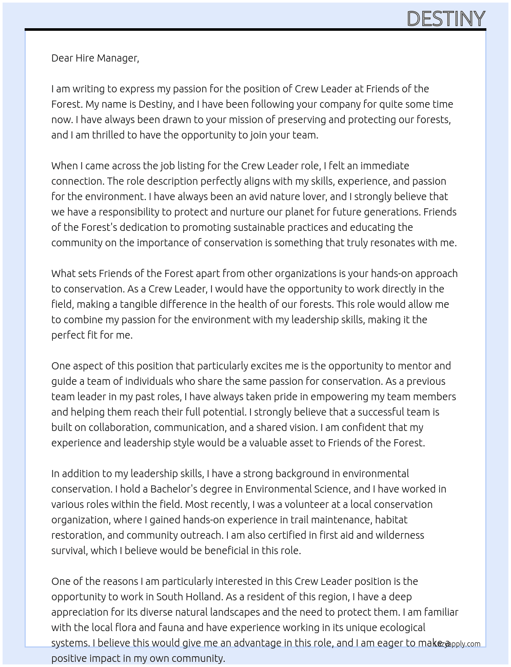 Friends of the forest  At Friends of the forest  Cover Letter