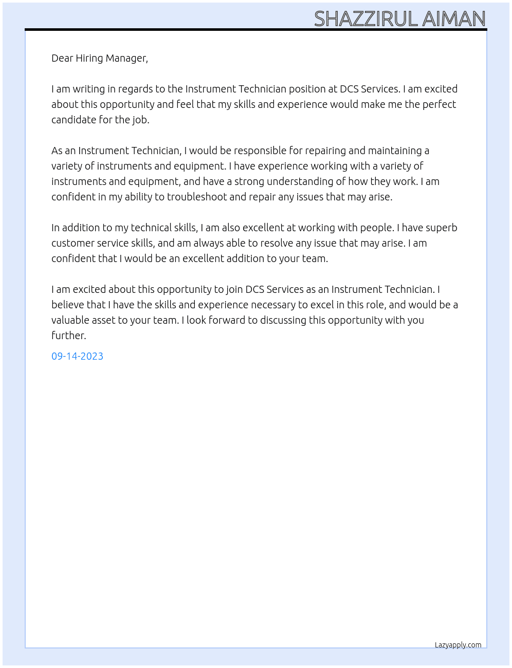 Instrument Technician At DCS Services Cover Letter