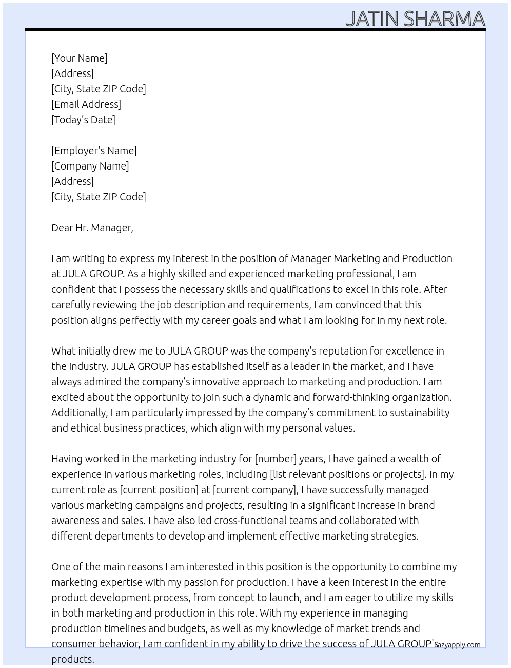 Manager Marketing and production At JULA GROUP Cover Letter