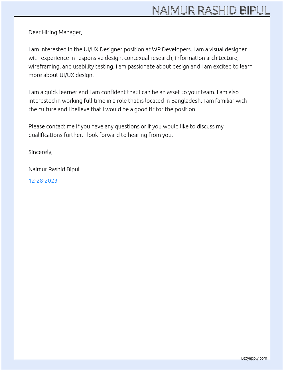UI/UX Designer At WP Developers Cover Letter